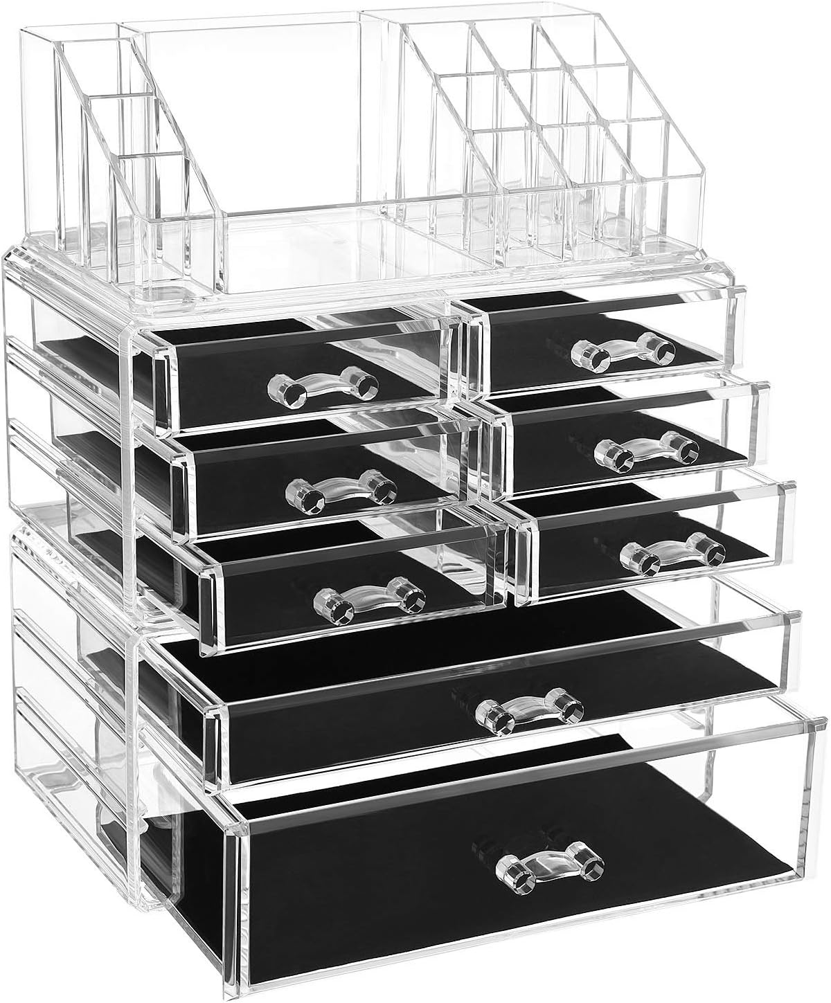 SONGMICS Acrylic Makeup Organiser, Makeup Box, 3 Pieces Set, Cosmetic Organiser with 8 Drawers and Black Pads, for Lipsticks, Jewellery and Other Makeup Utensils, Transparent JKA016TP