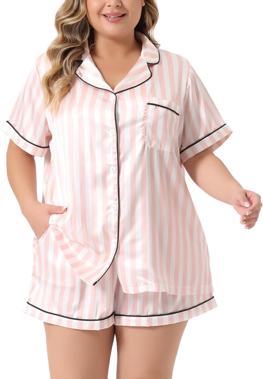 Agnes Orinda Plus Size Pajama Set for Women Short Sleeve Button Shirt and Shorts 2 Pcs Lounge Sets