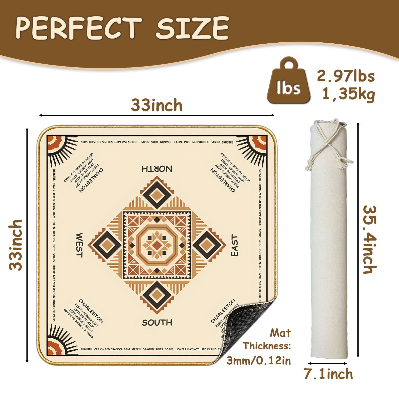 Tapete portátil de mahjong con reglas (33 x 33 pulgadas), tapete de juego de estilo étnico, antideslizante, sin arrugas, funda de goma con bolsa de cordón y 3 dados para póquer, cartas