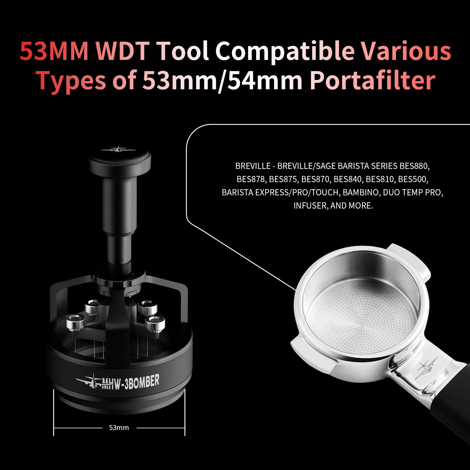 MHW-3BOMBER WDT Tool Espresso 54 mm per Breville, strumento di distribuzione espresso con base magnetica per barista, strumento di distribuzione dell'ago di profondità regolabile, strumenti per