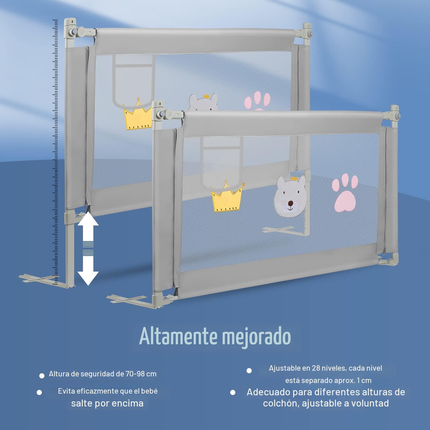 Ikodm Barrera de cama 2 x 200 cm y 1 x 180 cm, barrera de protección para la cama ajustable de 70 – 98 cm, protección contra caídas, barrera para cama infantil, barandilla para cuna de bebé, fácil de
