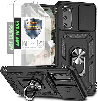 for S20 Case,with 2 Pcs Self-Healing Film,Slide Camera Cover Protective Case with Magnetic Ring Kickstand for Samsung Galaxy S20 5G,Inky
