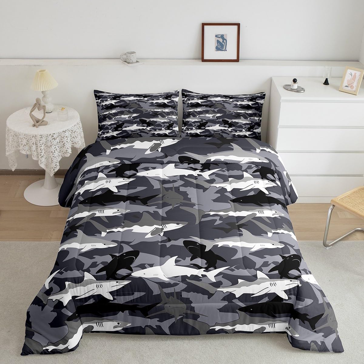 Erosebridal Boys Camo Sharks Bedding Set Full,Kids Black White Grey Shark Comforter Set Camouflage Deep Ocean Animal Down Comforter,Sea Marine Life Quilt Duvet Set Soft Lightweight for All Season