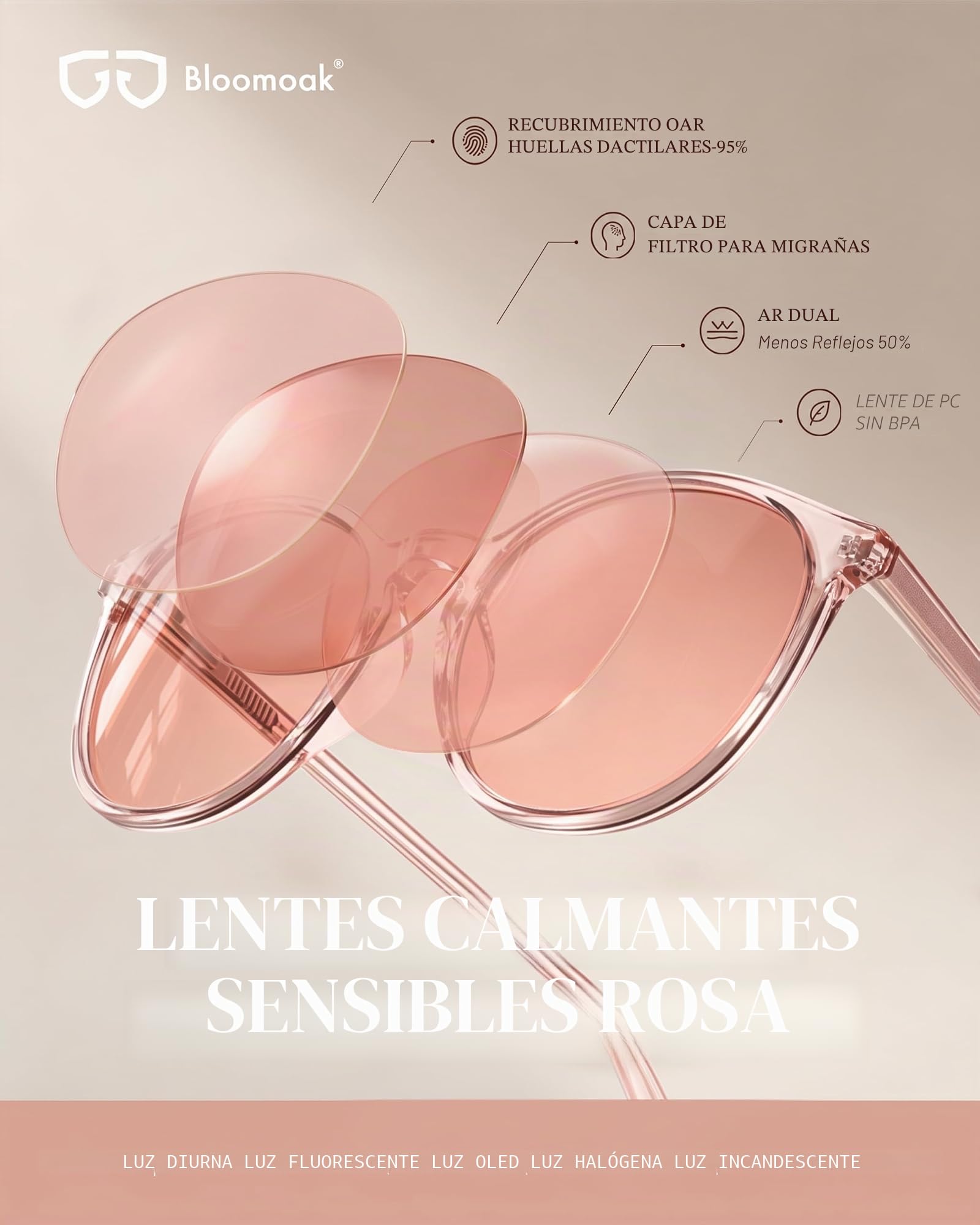 Bloomoak Gafas antimigraña teñidas rosa, estilo retro redondo, anti-luz azul, FL-Flex para sensibilidad a la luz, deslumbramiento LED, fotofobia y fatiga ocular