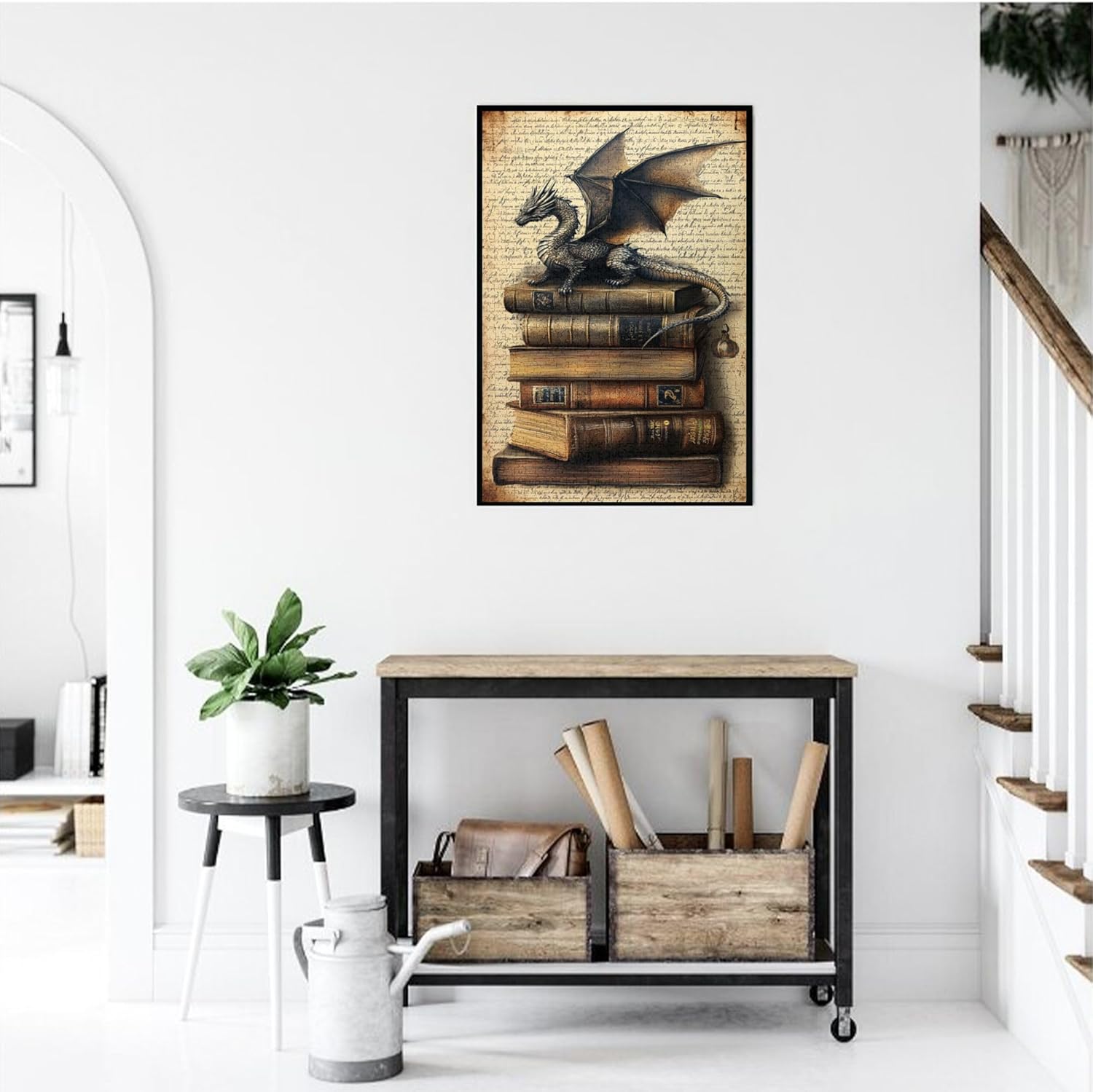 Books & Dragons Wooden Jigsaw Puzzle, Puzzles for Adults 1000 Pieces, The Dragon That Guards Books, 1000 Piece Jigsaw Puzzle for Adults Challenging Puzzle Perfect for Game Night