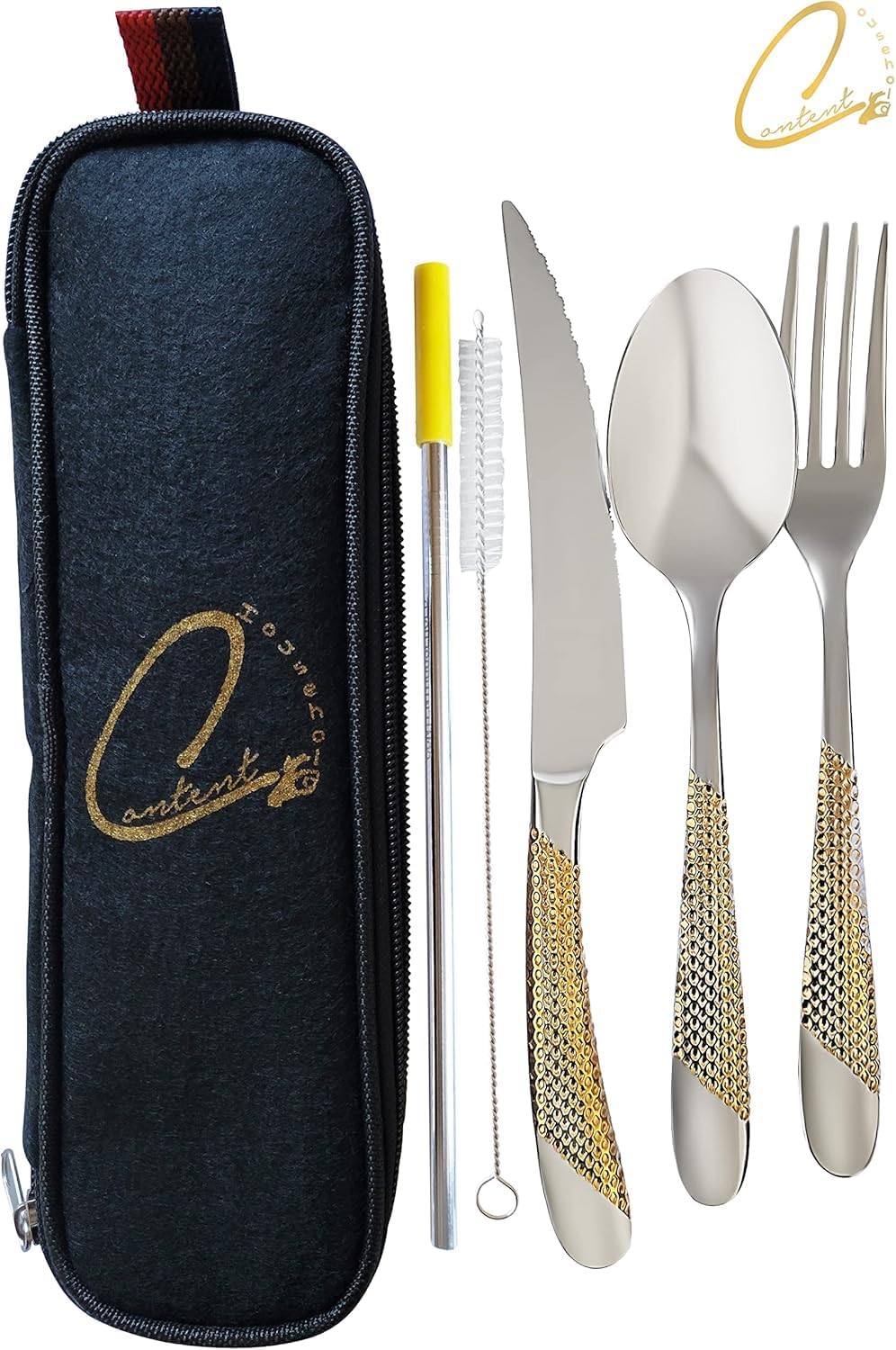 5 Travel Cutlery Set 45 Pieces with Case - Reusable Stainless Steel Flatware Fork Knife Spoon Metal Straw - Portable Utensils Gold Silver Camping Silverware Kit (Pack of 5)