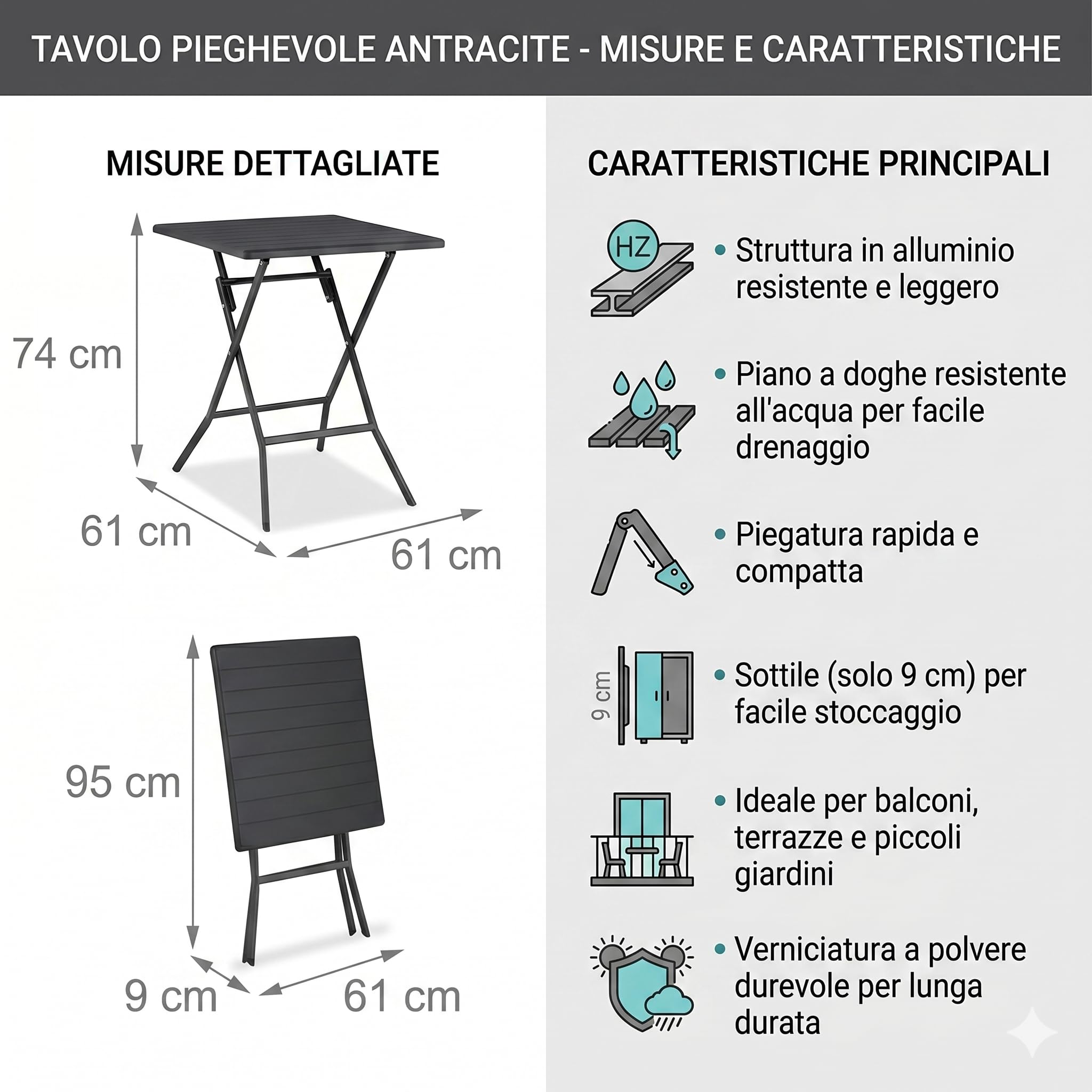 BERARDI B.INTERIORS Tavolino Pieghevole Bistrot, Antracite, Alluminio e HDPE, 61x61x74 cm, per Balcone e Terrazza