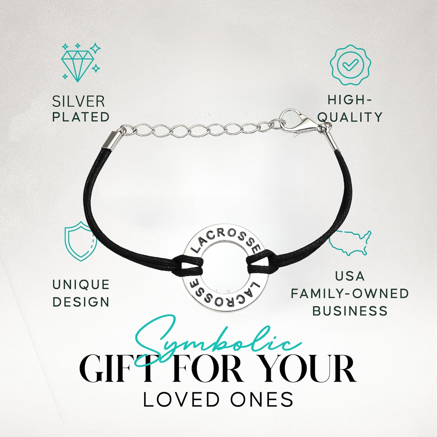 Sportybella Lacrosse Bracelet – Adjustable Infinity Charm Bracelet with “Lacrosse” Ring – Handmade Jewelry Gift for Players, Teams, Coaches – Black and Silver Packaging