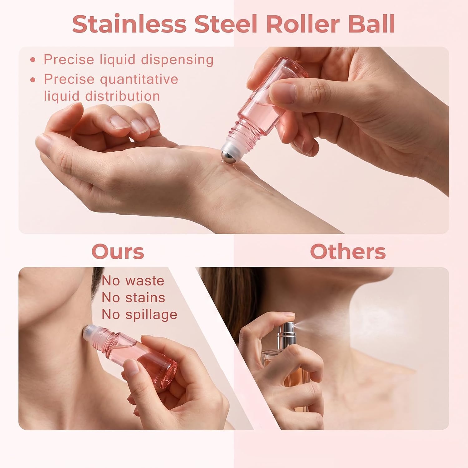 Skrfren 8 Pack Glass Roller Bottles Essential Oil Rollers Bottle Perfume Roller Bottles (Pink 1/6 Oz 5 ml)
