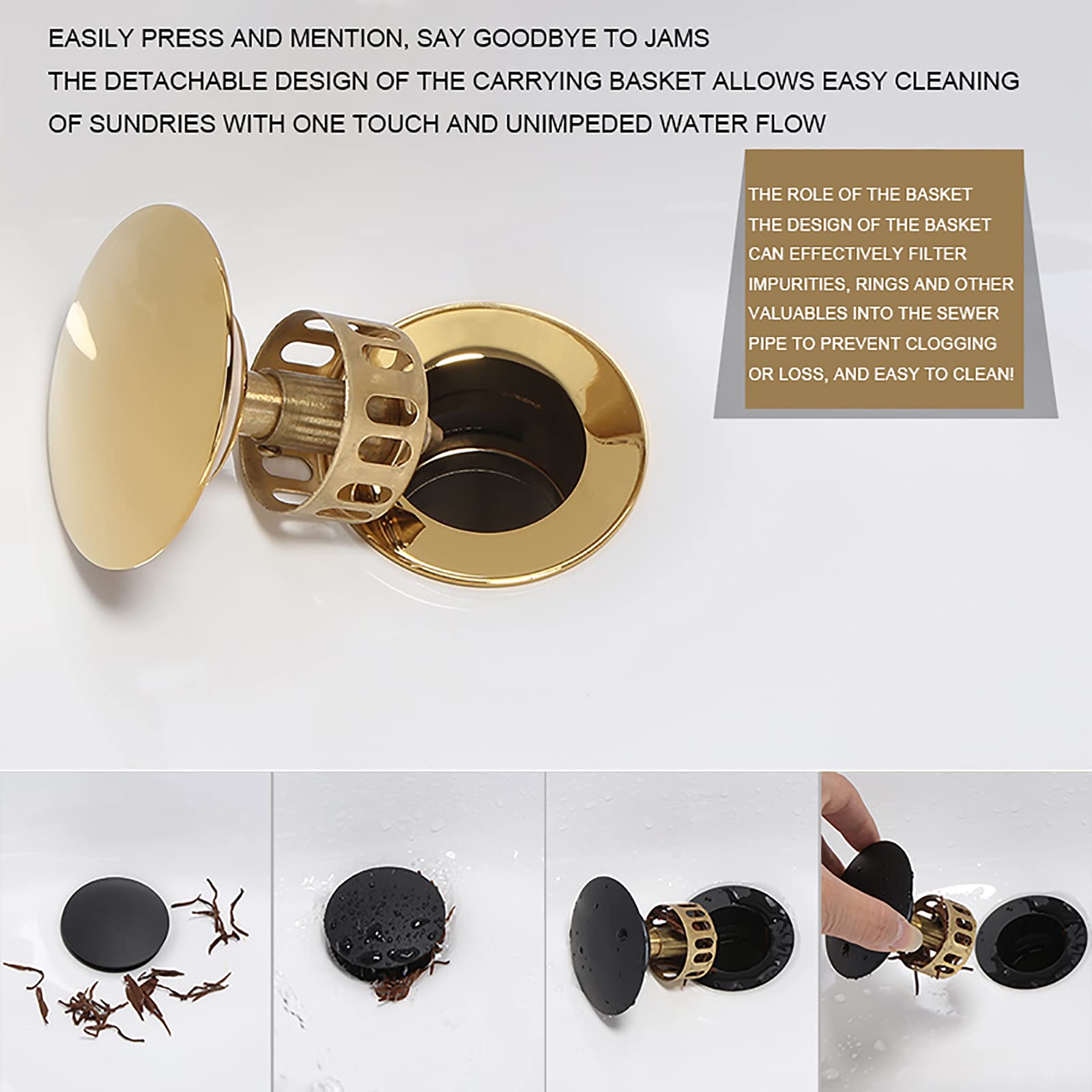 Bonde de Lavabo Pop-up avec Trop-Plein Laiton Clic-clac Bonde de Vidage Lavabo avec Panier Filtre Bonde D'écoulement pour Evier ou Lavabo Ecoulement de Lavabo, Titane Or