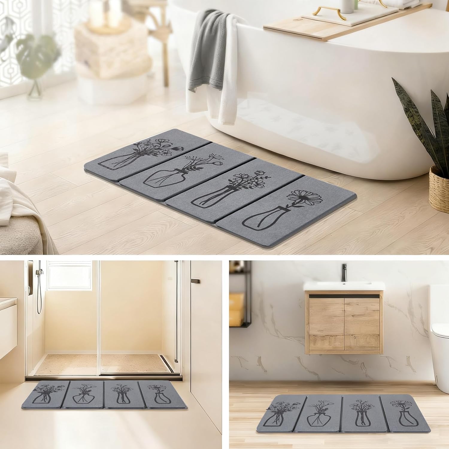 Foldable Stone Bath Mat - 24x16 Inch, Quickly Absorbent Diatomaceous Earth Large Dark Gray and Black Floral Rustic Stone Bath Mats for Bathroom Decor Quick Dry Non-Slip Shower & Bathtub & Drying Mat - Image 9