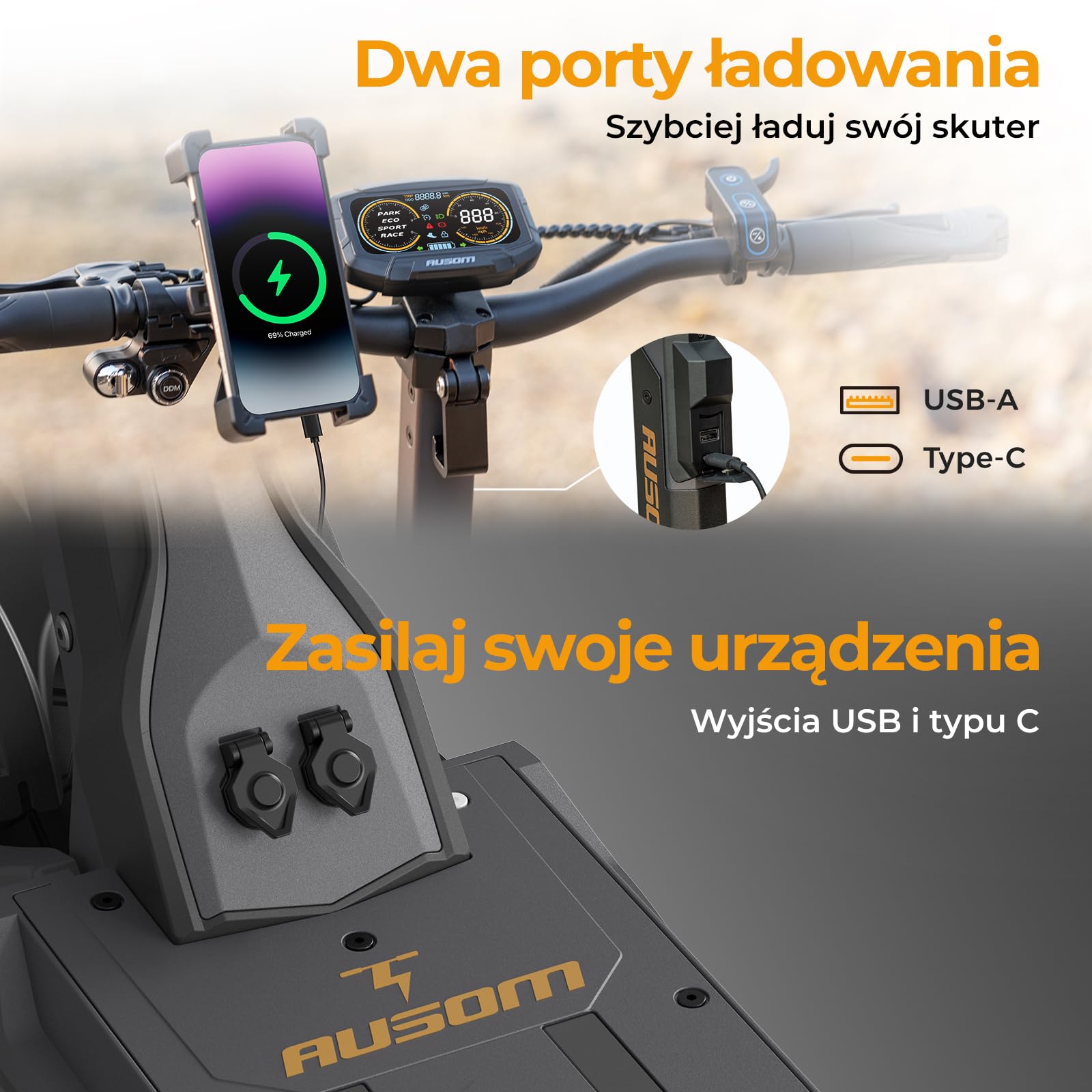 Dorosły skuter elektryczny z dwoma silnikami, Ausom L2 Max, zasięg 80-90 km, koła terenowe 10x3,0", składany skuter elektryczny