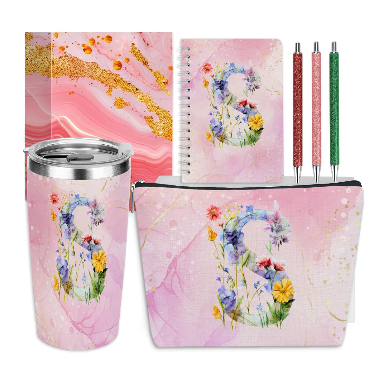 Cadeau personnalisé femme : lot de 6 pièces avec carnet, trousse de maquillage et stylos à fleur