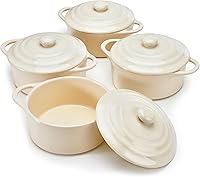 Vista 12 de Kook Juego de mini cocotte de cerámica, cacerolas pequeñas con tapas y asas, moldes individuales para hornear, aptos para horno, microondas