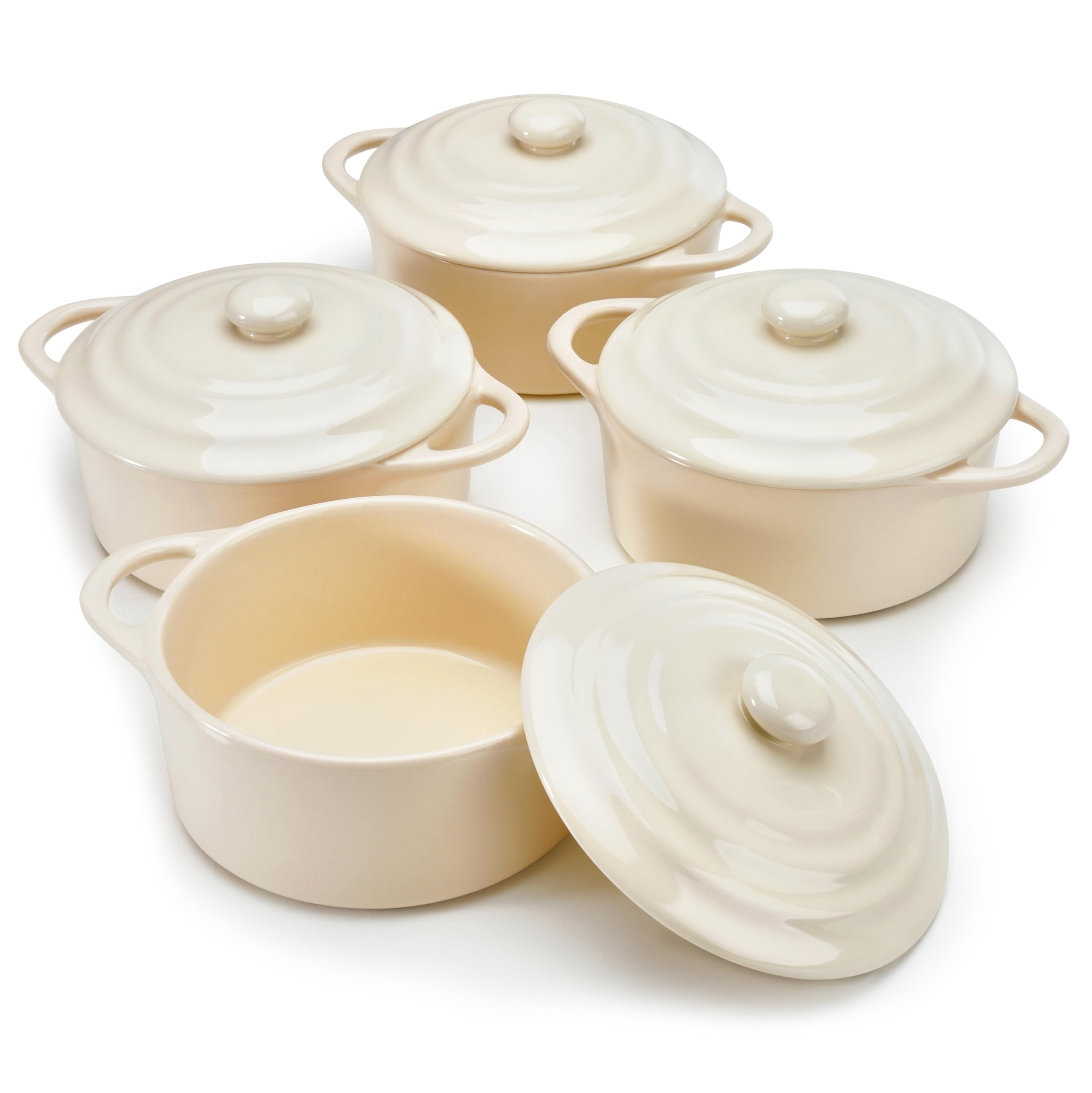 Kook Juego de mini cocotte de cerámica, cacerolas pequeñas con tapas y asas, moldes individuales para hornear, apto para horno, microondas y lavavajillas, gres, 12 onzas, juego de 4, marfil