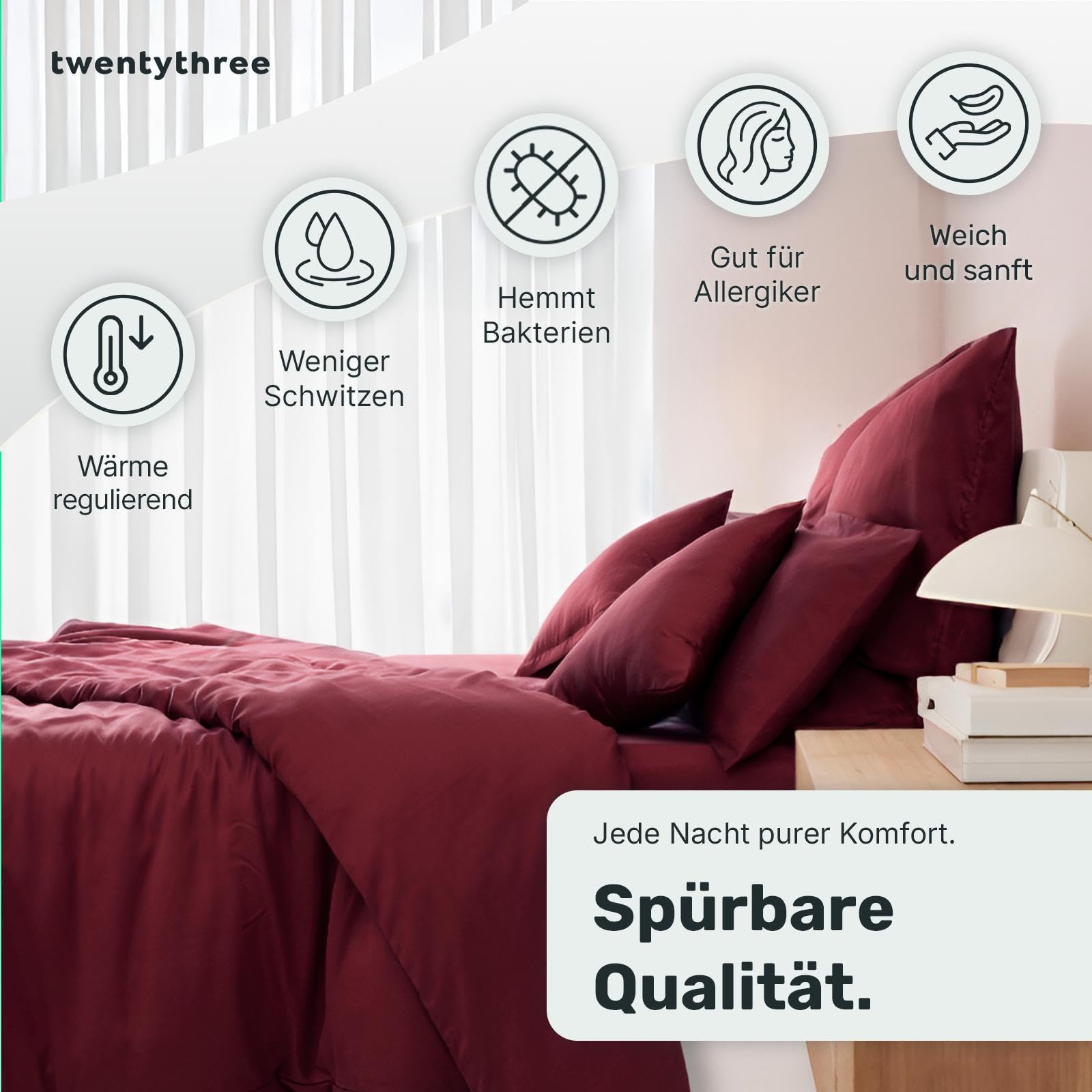 twenty:three® | Kissenbezug (2X) 40x80 cm Biking Red - 100% Tencel™ Lyocell (Lyocellfasern) - Kissenhülle, Kopfkissenbezug, Reißverschluss, Ultraweich, Hochwertig, Ganzjährig