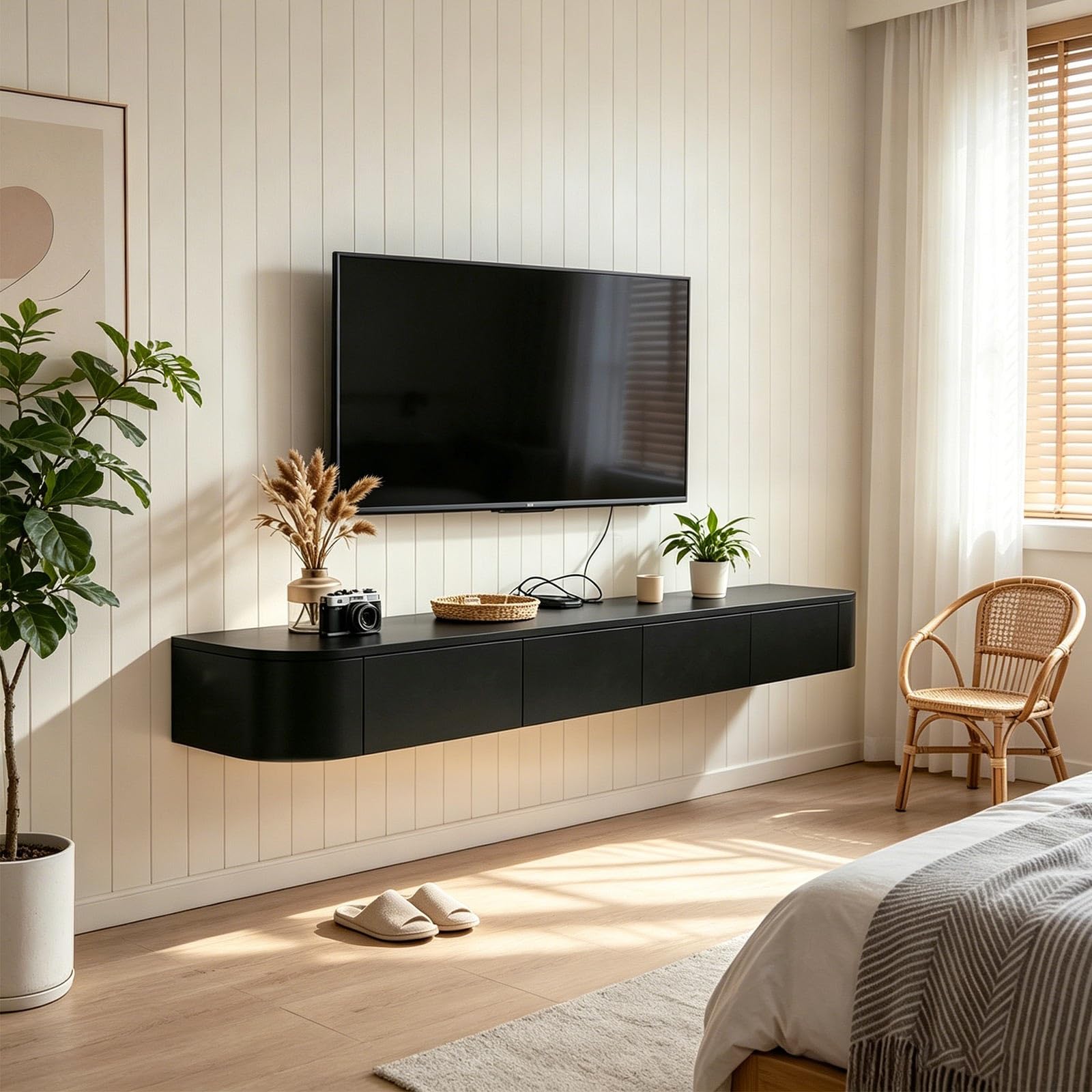 Nowoczesny pływający telewizor z diodami LED, naścienne centrum rozrywki (119.4-299.7 cm) - czarna drewniana konsola Slish do salonu i sypialni, kabel w zestawie (280 cm)