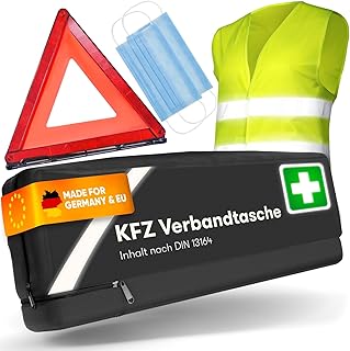 PURAHELP® KFZ Erste Hilfe Set Kombitasche schwarz inkl. Warndreieck & Warnweste [DIN 13164] - Auto Erste Hilfe Kit mit Verbandstasche - StVO Konform für 2026 - PKW Verbandskasten