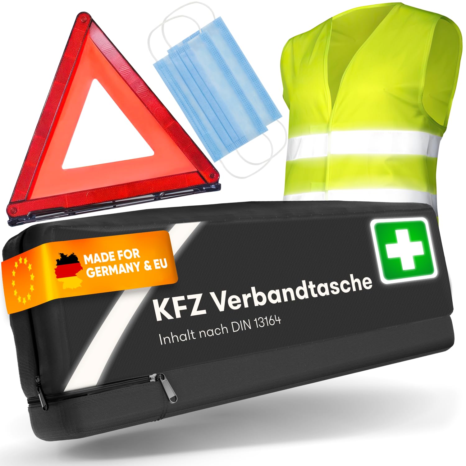 PURAHELP® KFZ Erste Hilfe Set Kombitasche schwarz inkl. Warndreieck & Warnweste [DIN 13164] - Auto Erste Hilfe Kit mit Verbandstasche - StVO Konform für 2026 - PKW Verbandskasten