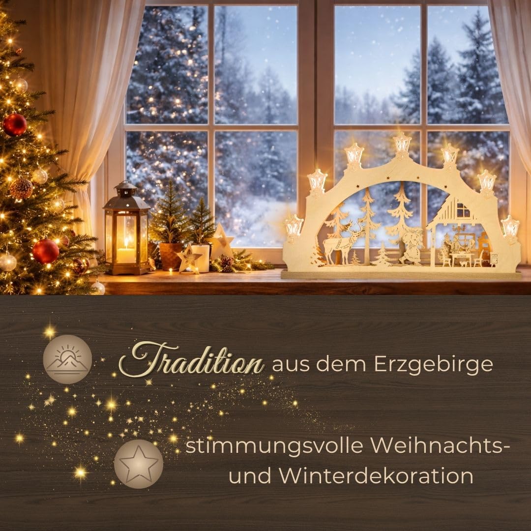 weigla - Schwibbogen original Erzgebirge I LED Lichterbogen Weihnachten I Motiv Weihnachtsabend I 7 Lampenkerzen + 1 Ersatzlampe I 7 x 34 V, 0,2 W, E10 I beleuchtete Weihnachtsdeko