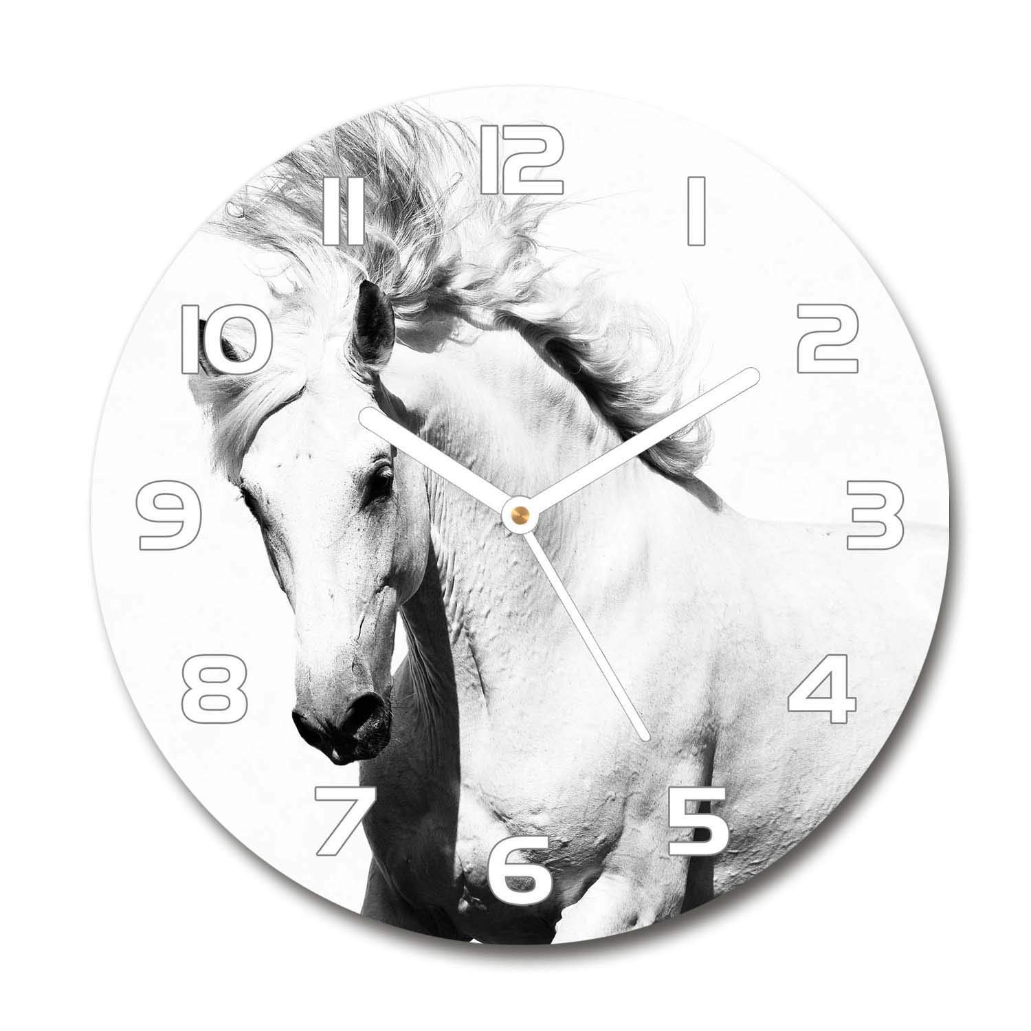 Horloge en verre rond 30cm avec cadre design de cheval blanc et aiguilles blanches Tulup