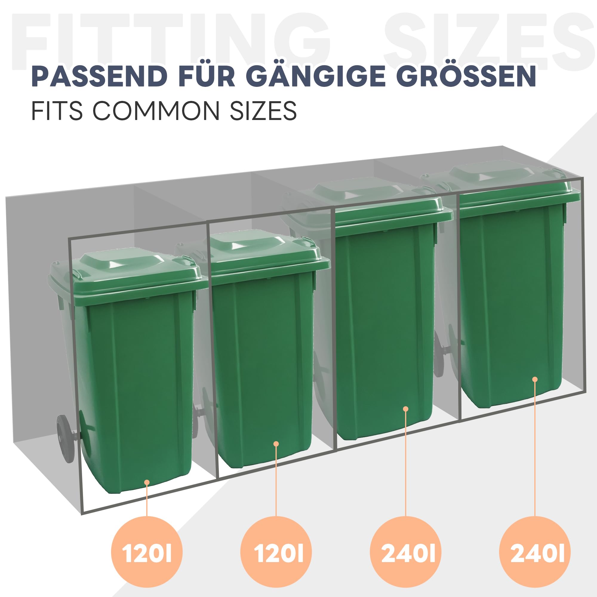 Mülltonnenbox 4-er mit Pflanzdach 120-240 Liter, Mülltonnenverkleidung für Mülltonnen Müllbox, Gartenbox mit Mülltrennsystem, Abschließbar, Pflanzfläche, Holzoptik Türen, Grau