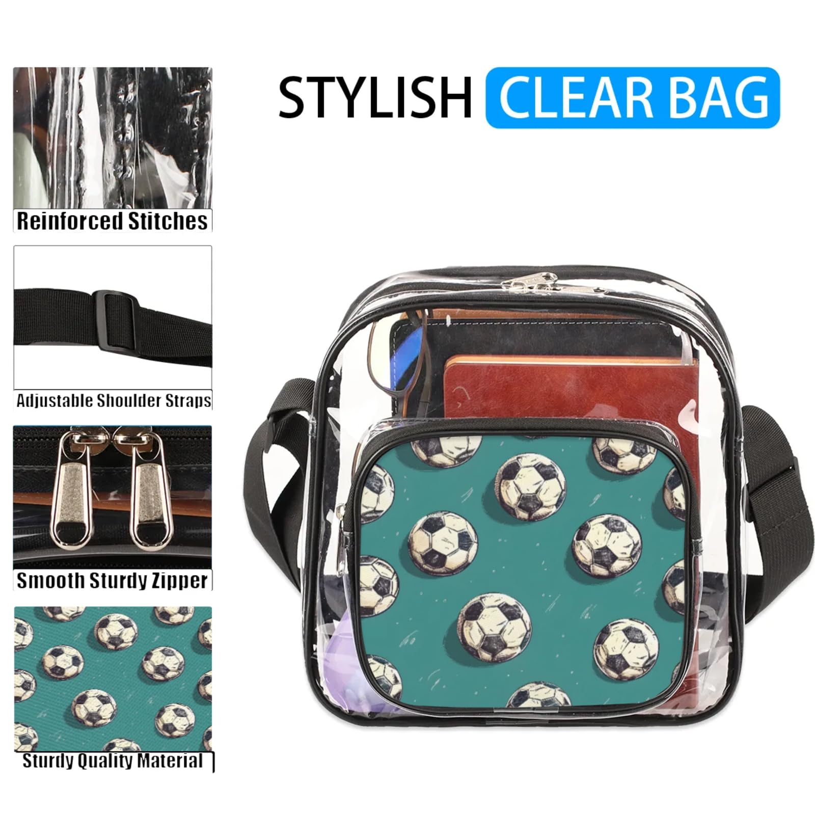 Clear Crossbody Bag Stadium Approved Abstract Football Transparent Bag for Festivals, Sports Events, Concerts,Beach Bag for Women Men Clear Purse with Front Pocket Messenger Bag with Adjustable Strap