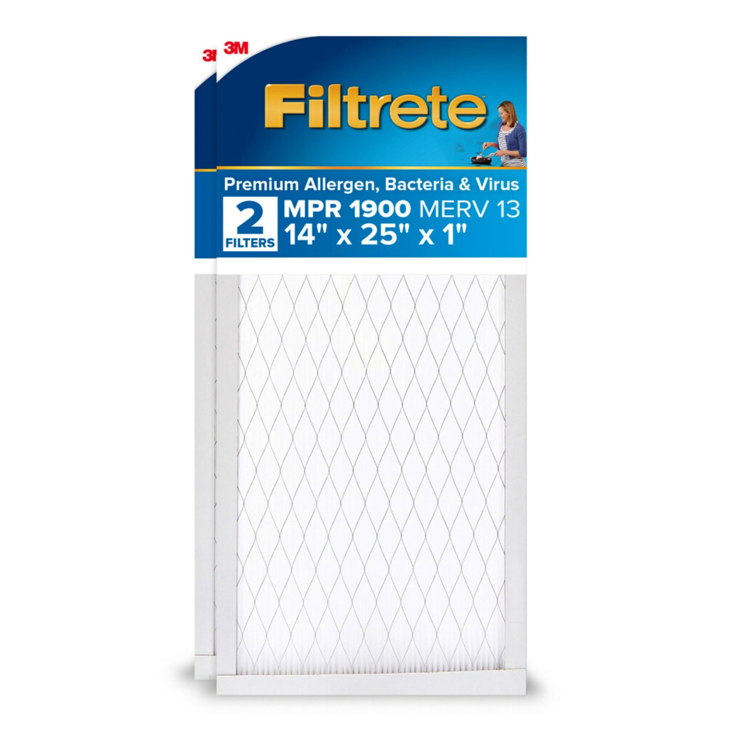 Filtrete 14x25x1 AC Furnace Air Filter, MERV 13, MPR 1900, Premium Allergen, Bacteria & Virus Filter, 3-Month Pleated 1-Inch Electrostatic Air Cleaning Filter, 2-Pack (Actual Size 13.81x24.81x0.78 in)
