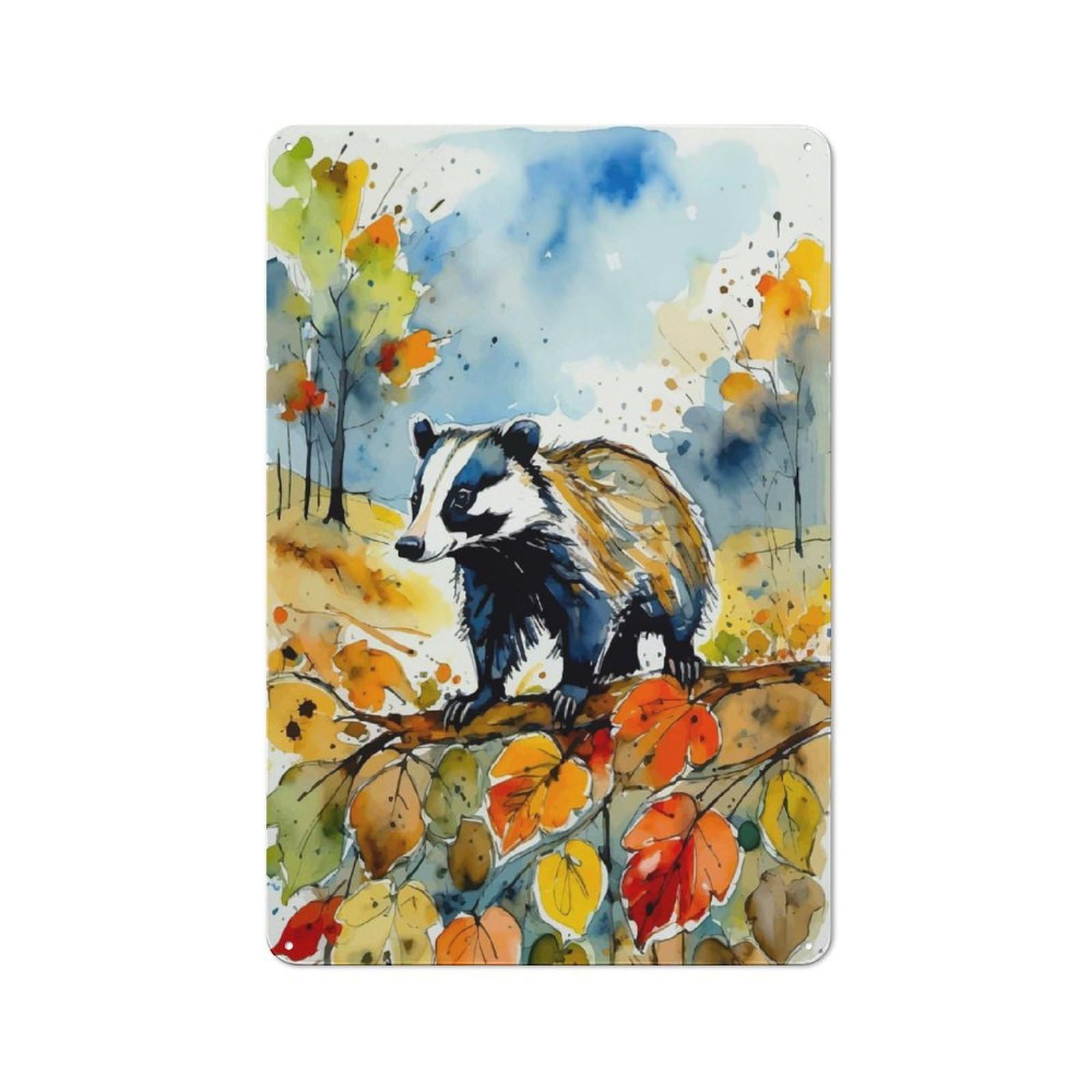 Metal Wall Sign 30x20cm Featuring Badger in Autumn Woods for Garage Or Workshop, for Garage, Workshop And Man Cave Decoration