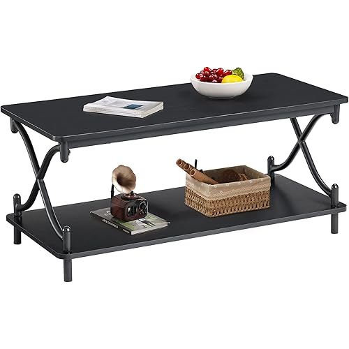 VECELO Coffee Table with Storage and Open Shelves for Living Dining Room 39-Inch, Modern Rectangle & Industrial Design, X-Shape Frame, Black