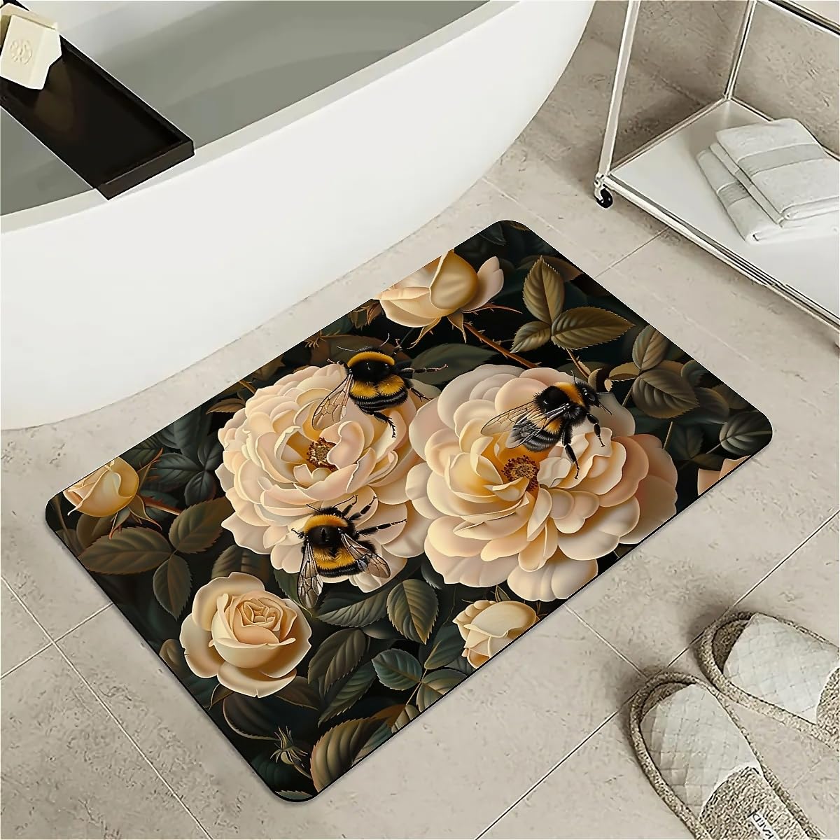 ZHUZHISHAN Diatomaceous Earth Bath Mat,Peony and bee Non-Slip Volume Super Absorbent Fast Drying Eco-Friendly Easy to Clean for Bathroom Kitchen Door