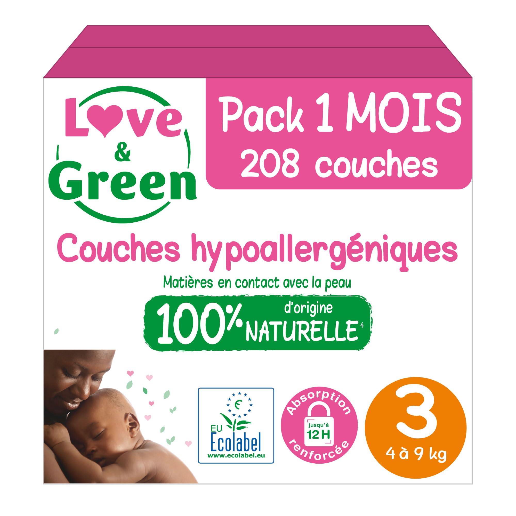 Love & Green - Couches Bébé Saines et Ecologiques - Taille 3 (4-​9 Kg) - Pack 1 Mois (208 Couches) - Absorbante, anti-​fuites et sans ingrédients indésirables - Certifiées Dermatestn