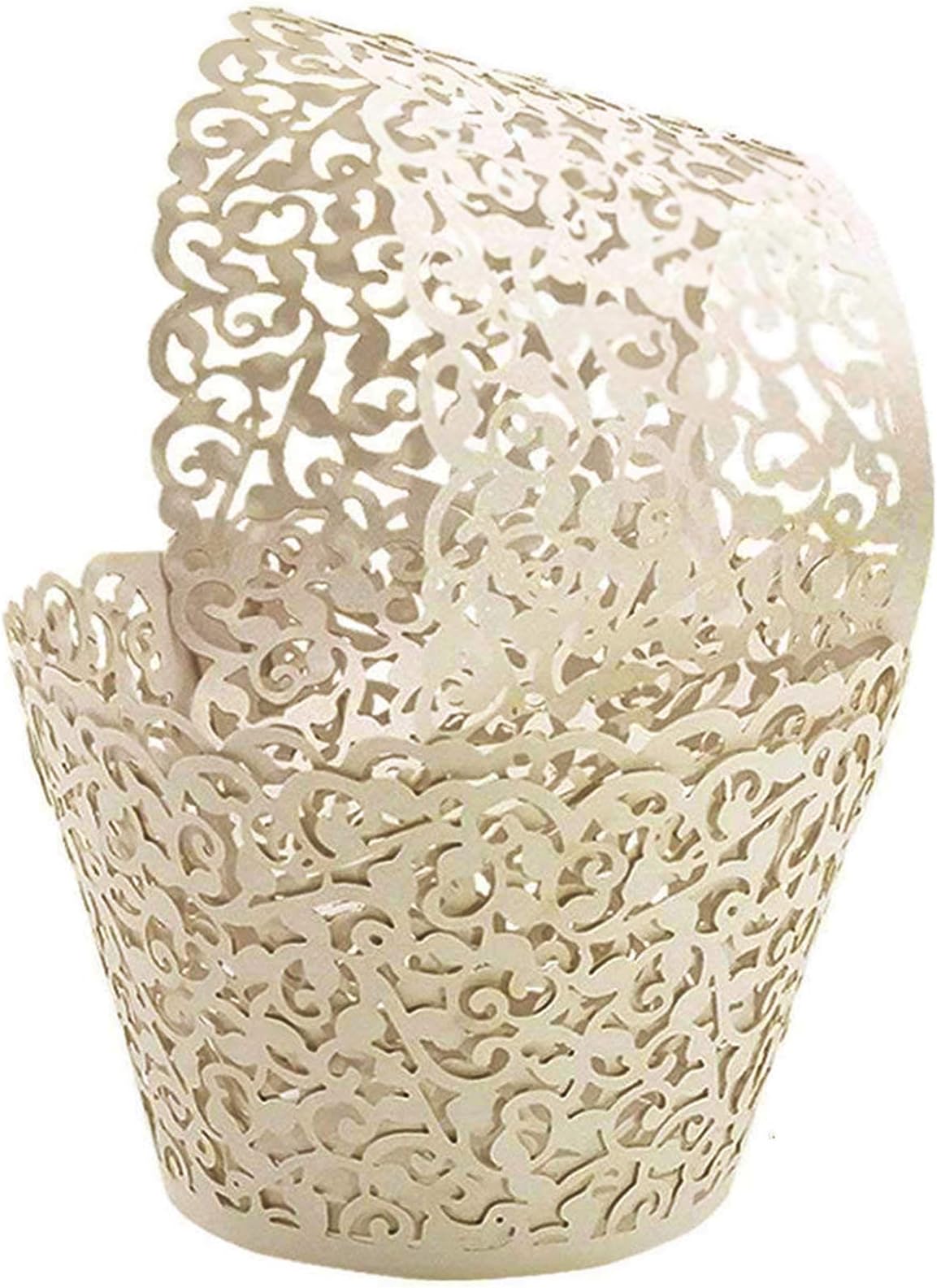 GOLF 100Pcs Cupcake Wrappers Artistic Bake Cake Paper Filigree Little Vine Lace Laser Cut Liner Baking Cup Wraps Muffin CaseTrays for Wedding Party Birthday Decoration (Beige)