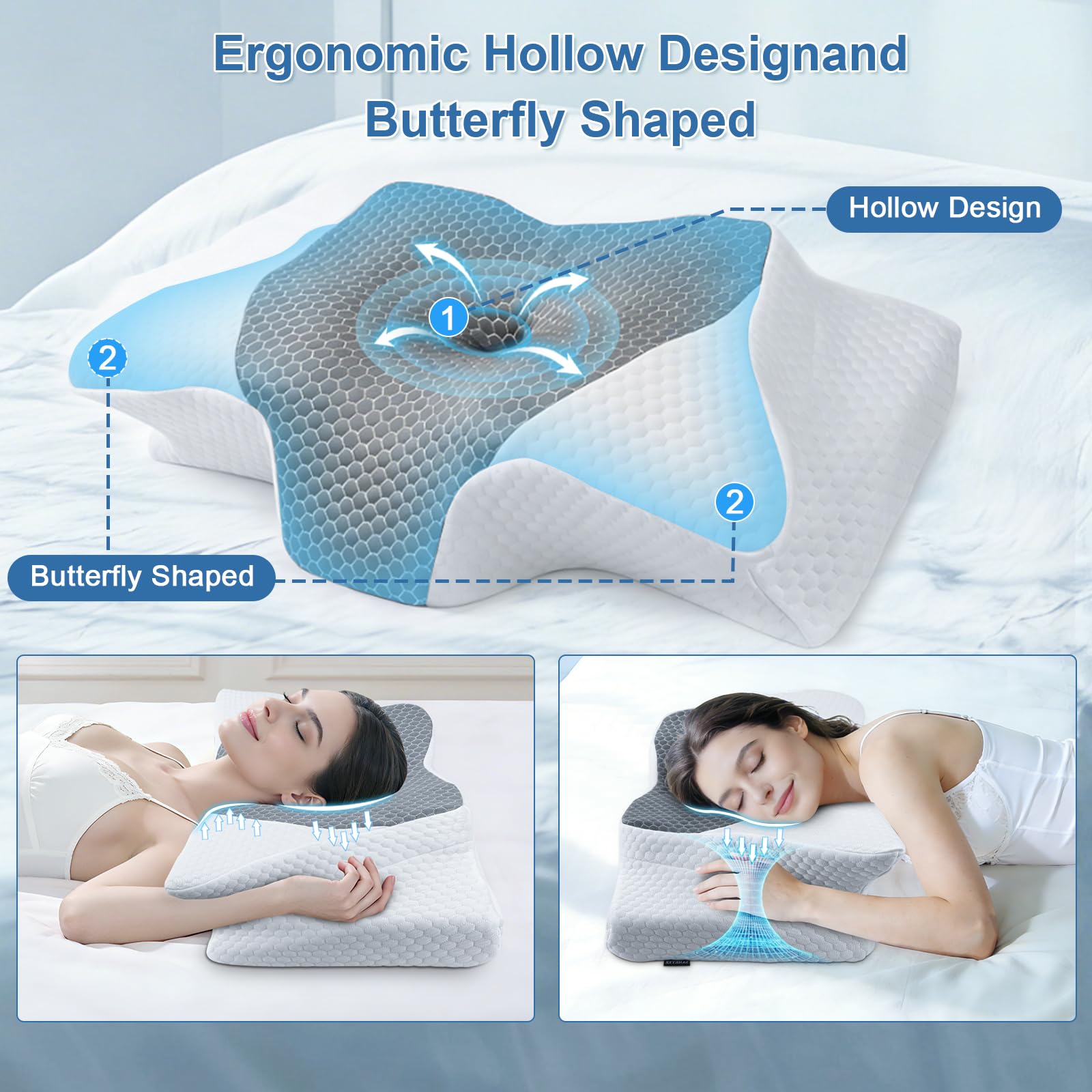 SAHEYER Almohada Cervical 2en1 Espuma Viscoelástica, Gris, 60x35,5x13/11cm | Almohada Ergonómica Mariposa para Dormir de Lado, Boca Arriba y Boca Abajo, Soporte de Cabeza/Cuello/Hombro