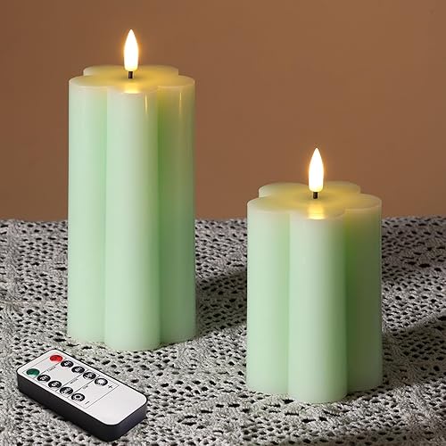 Girimax Green Flameless Pillar Candles with Remote, Flickering LED Wax Candles Battery Operated, Aesthetic Home Decor Set of 2 - Green