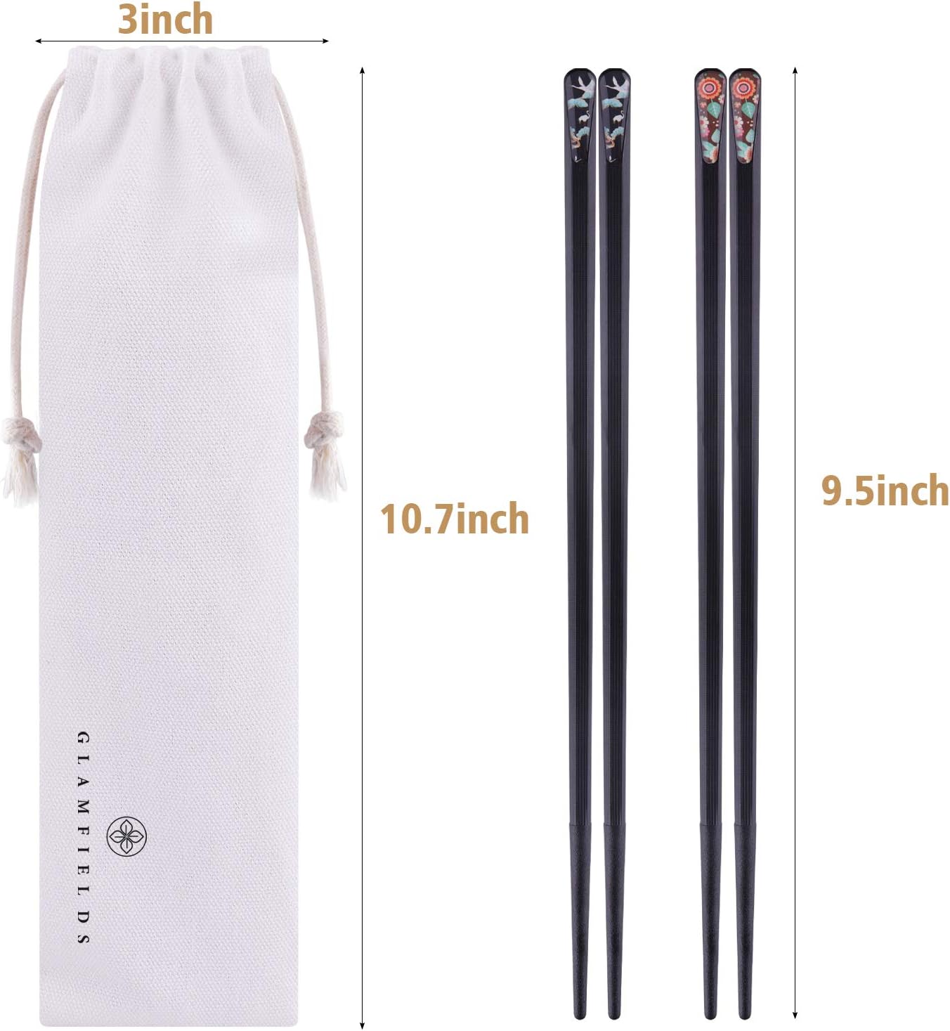 5 Pairs Chopsticks with Unique Patterns, GLAMFIELDS Reusable Japanese Chinese Chop sticks Dishwasher Safe, Non-slip, 9 1/2 inches - with Multi-purpose Drawstring Bag Carrying Case