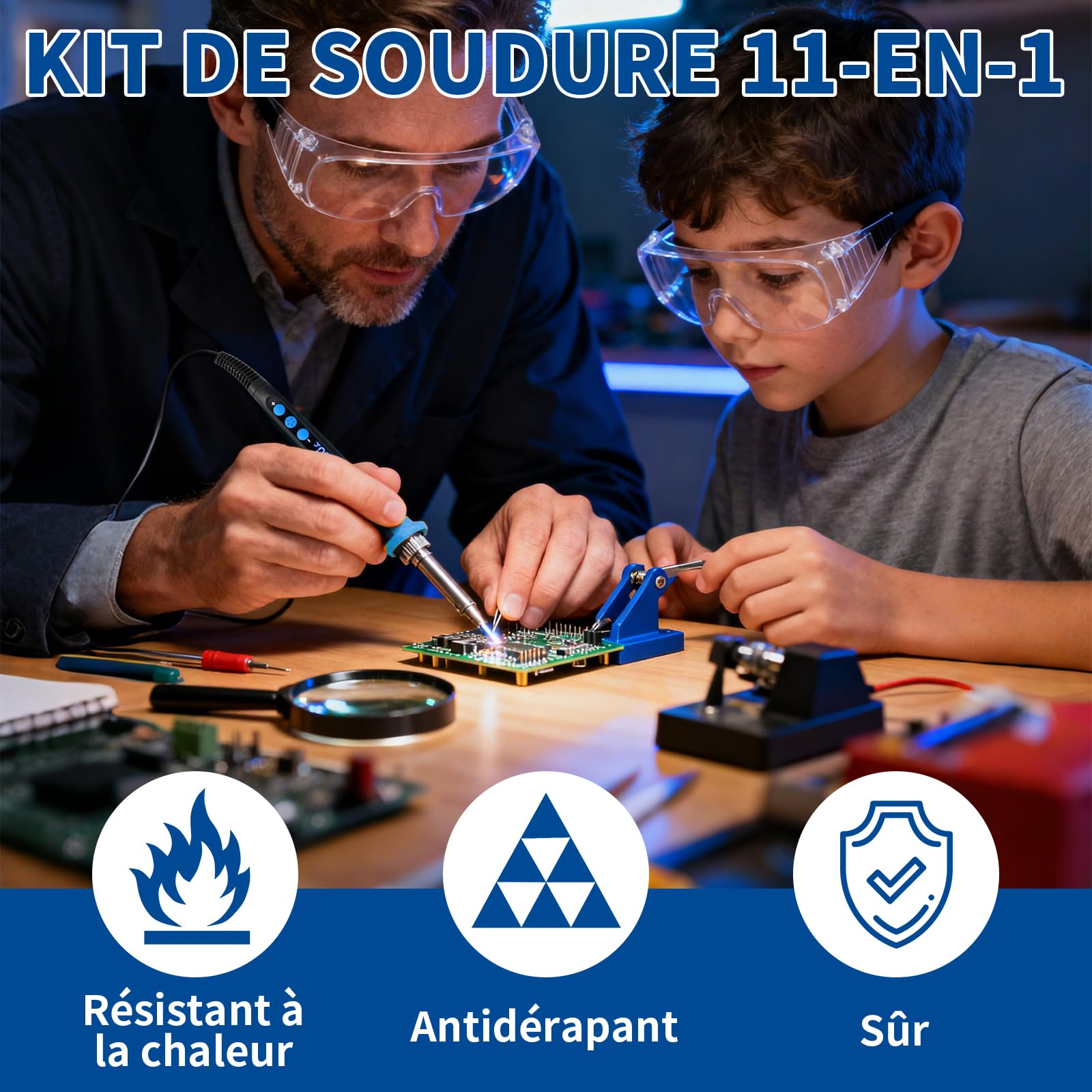 Fer A Souder Electronique De Precision Kit 90W Température Réglable 180-500°C Fer A Souder avec Interrupteur, 50g Pâte à Souder, Pompe à Dessouder, 5 Pointes, Support avec Éponge, 1.5M Fil de Soudure