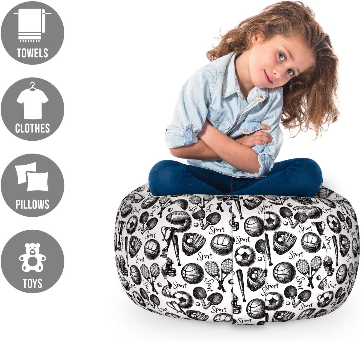 Ambesonne Sport Storage Toy Bag Chair, Monochrome Trophy Baseball Glove Ping Pong Ball Sketch Style Bat Tournament Inspired, Stuffed Animal Organizer Washable Bag, Small Size, Black White