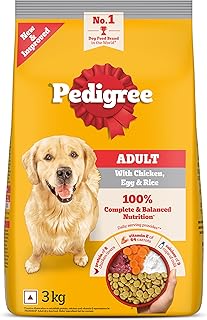 Pedigree Adult Dry Dog Food, Chicken, Egg &amp; Rice, 3 kg, Contains 37 Essential Nutrients, 100% Complete &amp; Balanced Food for...