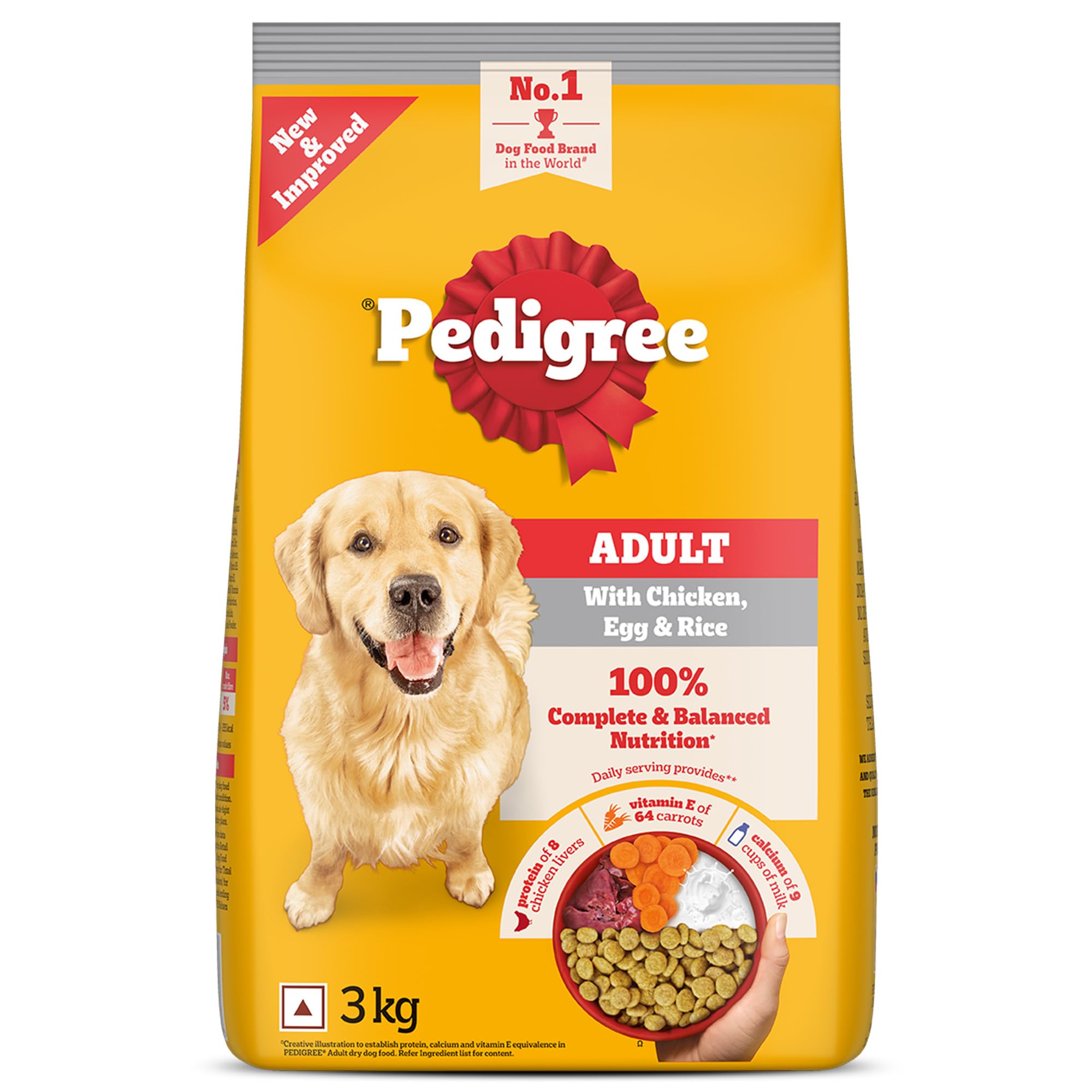 Pedigree Adult Dry Dog Food, Chicken, Egg & Rice, 3 kg, Contains 37 Essential Nutrients, 100% Complete & Balanced Food for Adult Dogs