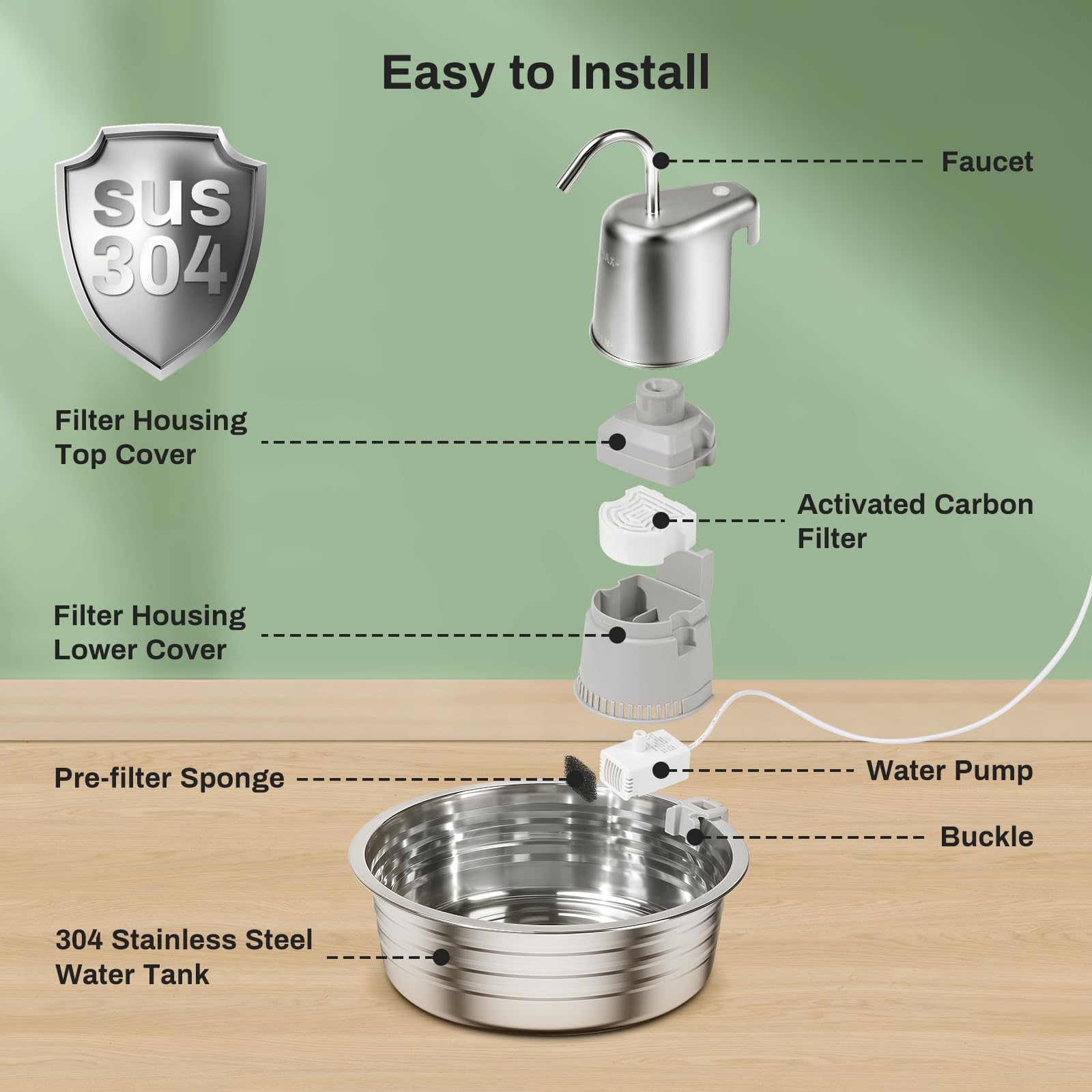 Fuente de Agua para Gatos, Fuente de Acero Inoxidable de 4 litros, dispensador de Agua para Perros con 3 filtros y 3 esponjas, Cuenco de Agua para Perros, Fuentes de Agua para Gatos, Suministros de