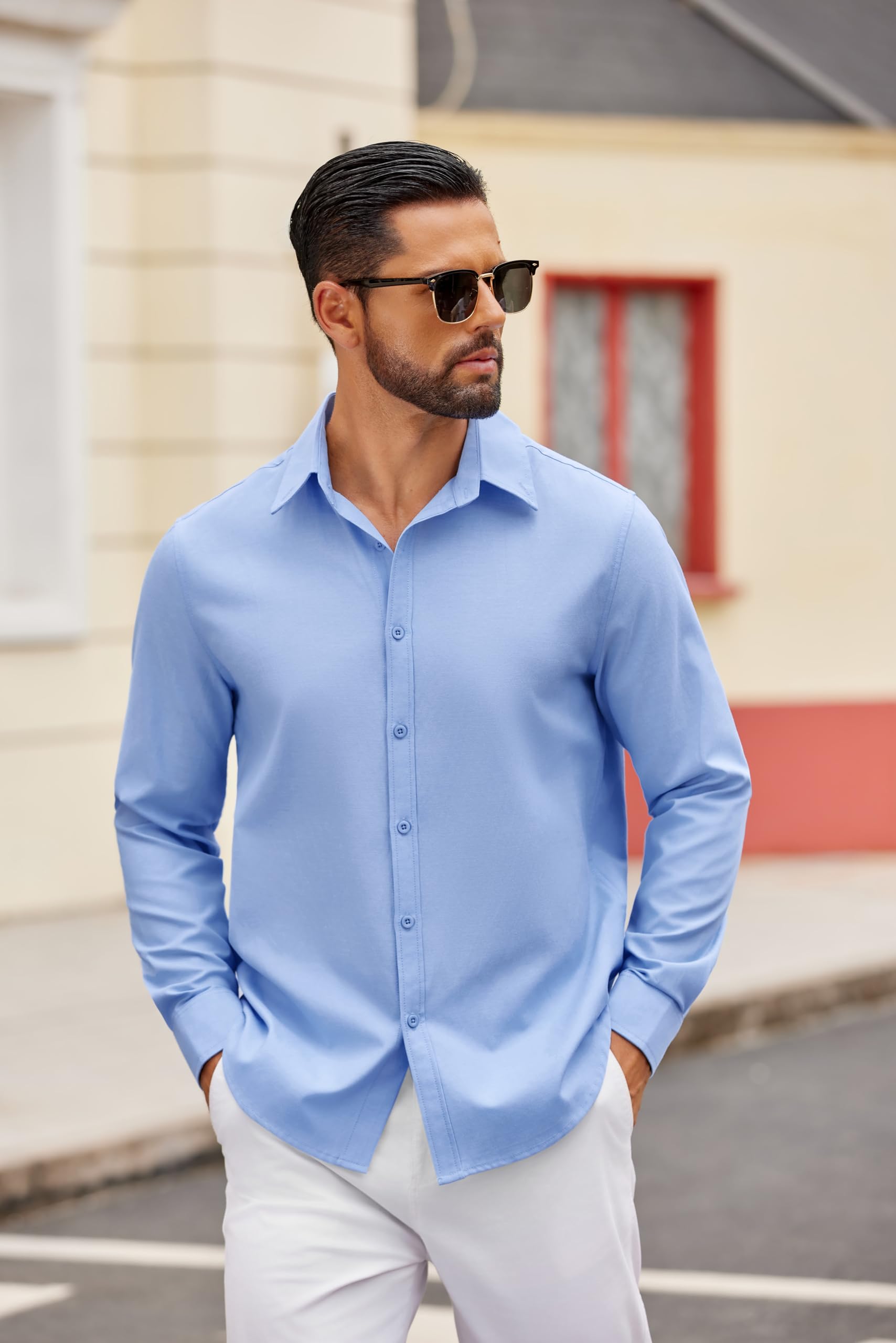 COOFANDY Camisa de Algodón de Manga Larga para Hombre Corte Regular con Botones Camisa Formal Informal de Negocios