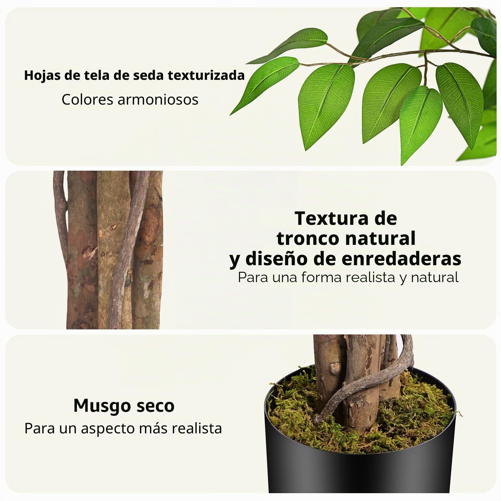 Planta Artificial Ficus 210cm Alta con Tres Varas de Madera Natural, Planta Artificial Grande con 1760 Hojas, Plantas Artificiales Interior Decorativas para Oficina Hogar DEC