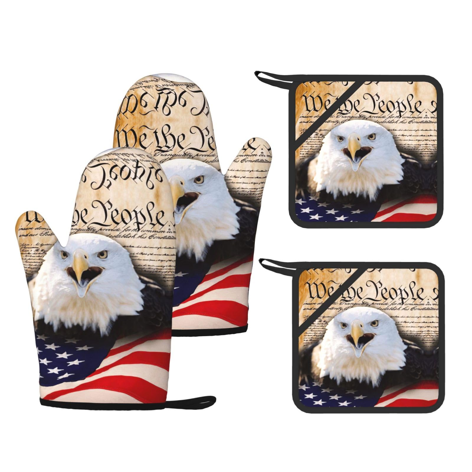 Patriotic Bald Eagle with American Flag Printed Cooking Mitts and Pot Holders 4 Pcs, Heat Resistant Oven Gloves with Hanging Loop Chef