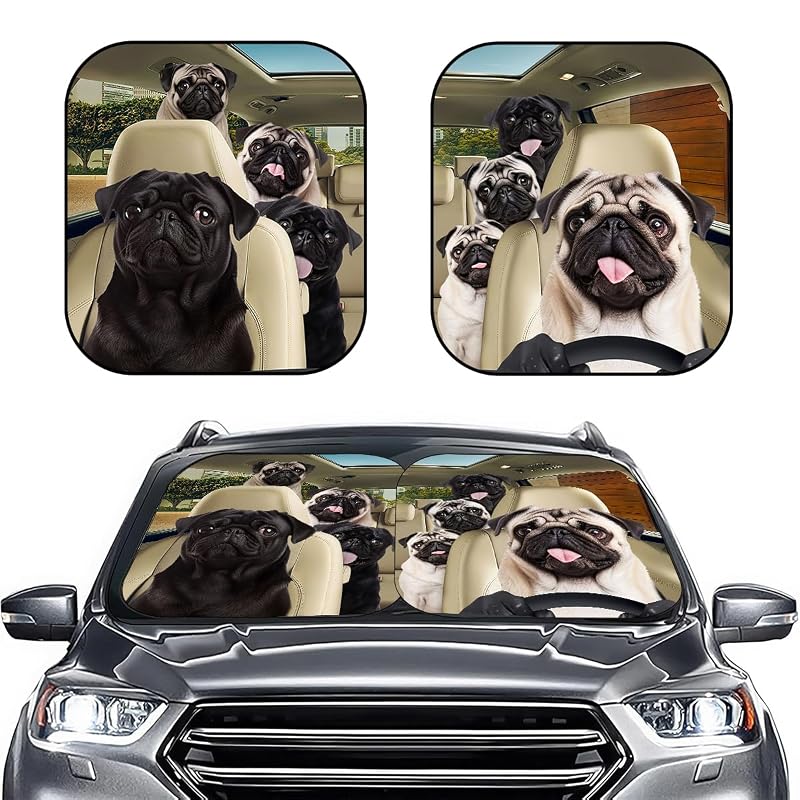 Protetor solar para para-brisa GENANY com estampa Pug Group, dobrável, 71,1 x 78,7 cm, 2 peças