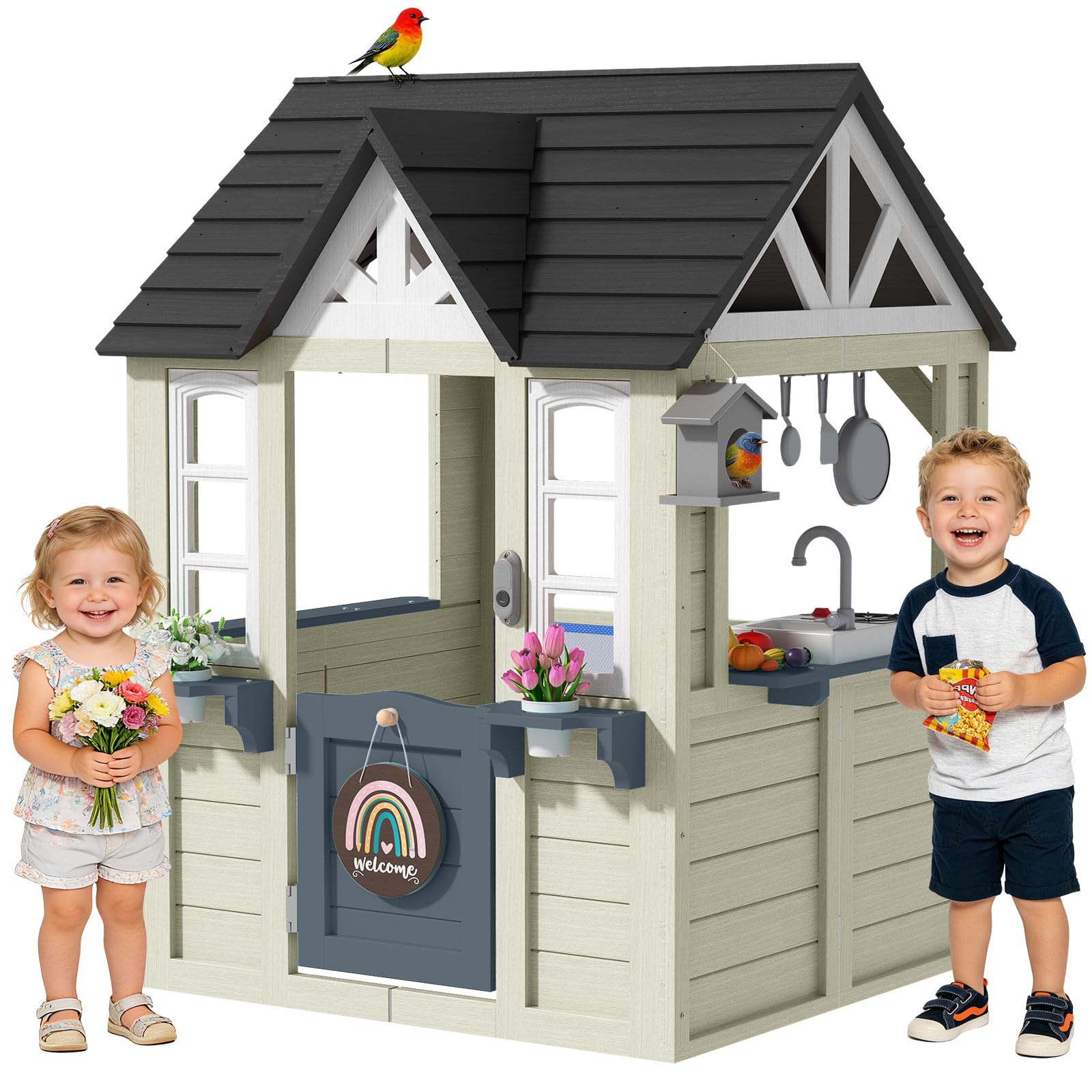 BIERUM Wooden Outdoor Playhouse for Kids with Pretend Play Ages 3-8
