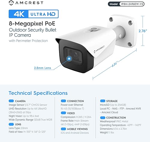 Miniatura 8 de Amcrest Sistema de cámara de seguridad 4K con 4K 8MP 8CH PoE NVR 8 x 4K 8 megapíxeles IP67 resistente a la intemperie disco duro de 2 TB