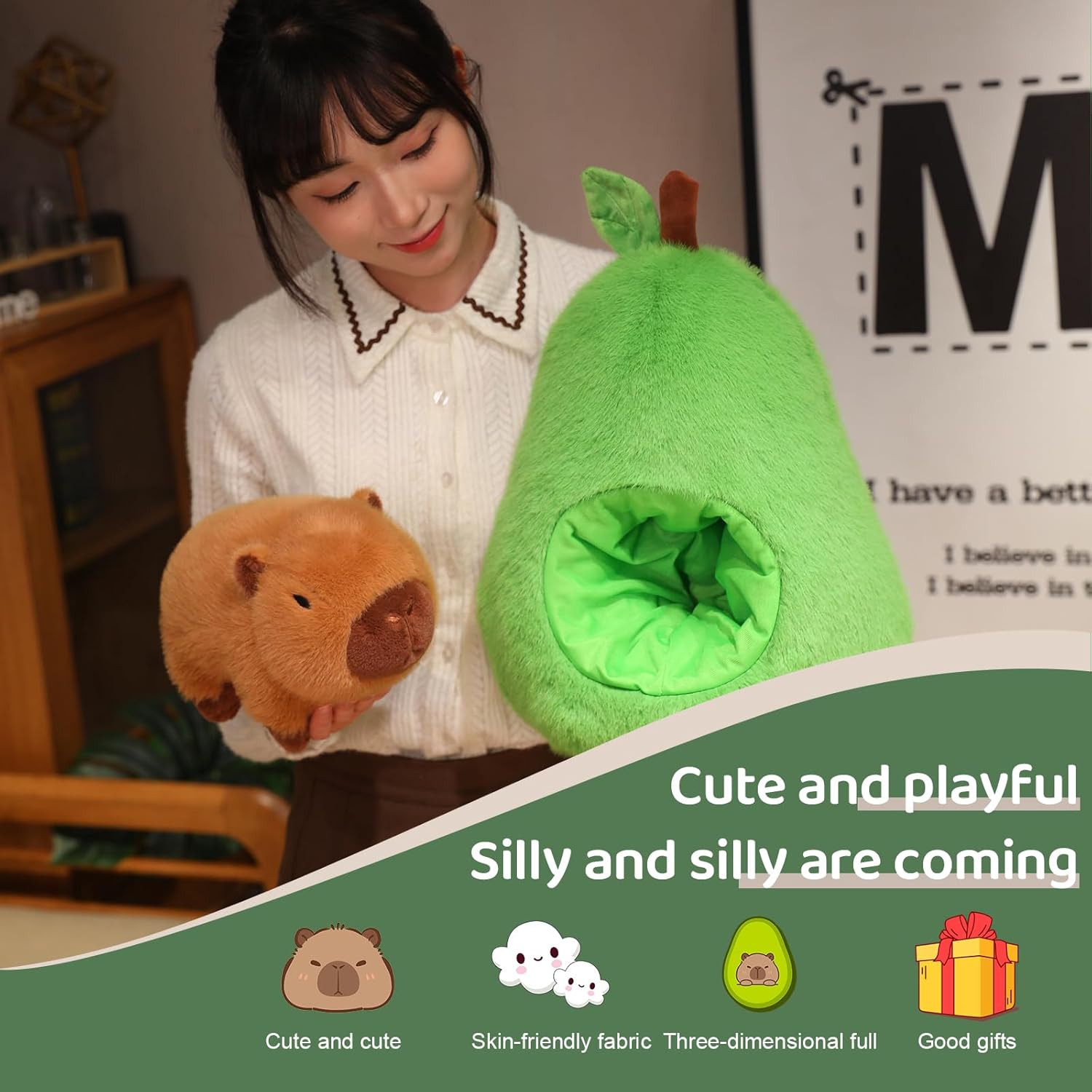 Avocado Capybara Plush, 13.7 Inch Soft Stuffed Animal, Cute Avocado Plush Toy Pillow Doll for Kids and Adults