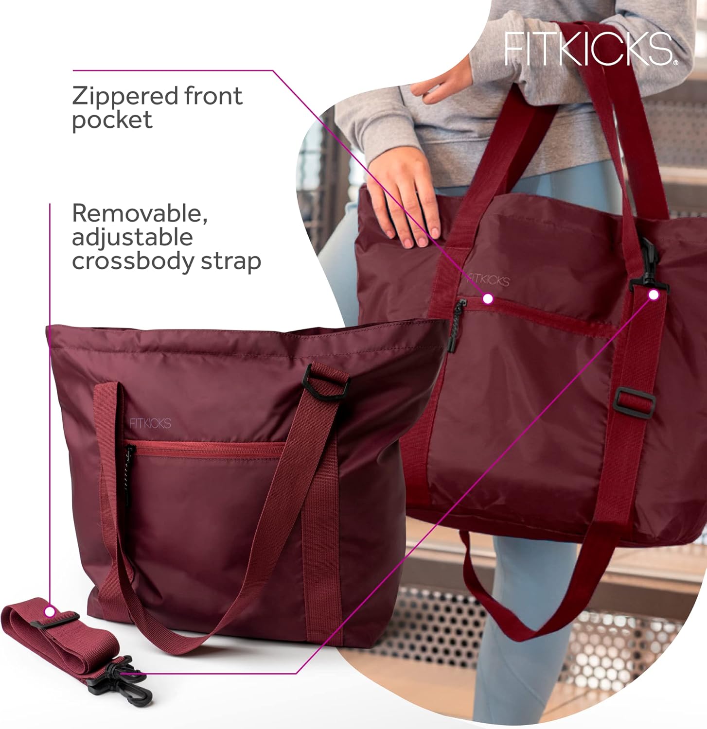 FITKICKS Hideaway Packable Duffle, Large Duffle Bag for Travel, Burgundy