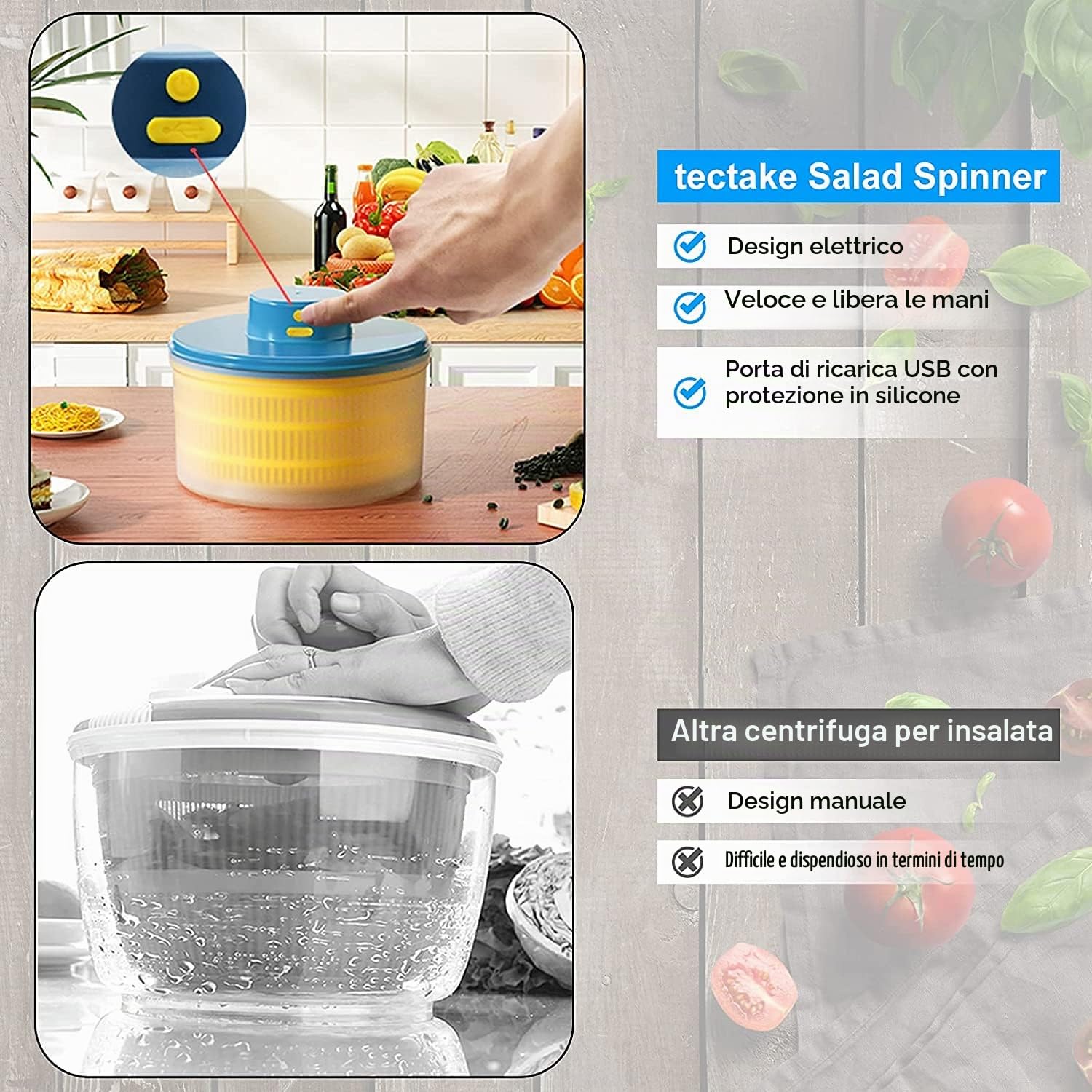 Elettrico per Insalata - Essiccatore per per Lattuga, Ricaricabile Tramite USB, Centrifuga per Frutta Lattuga Ad Asciugatura Rapida Ciotola